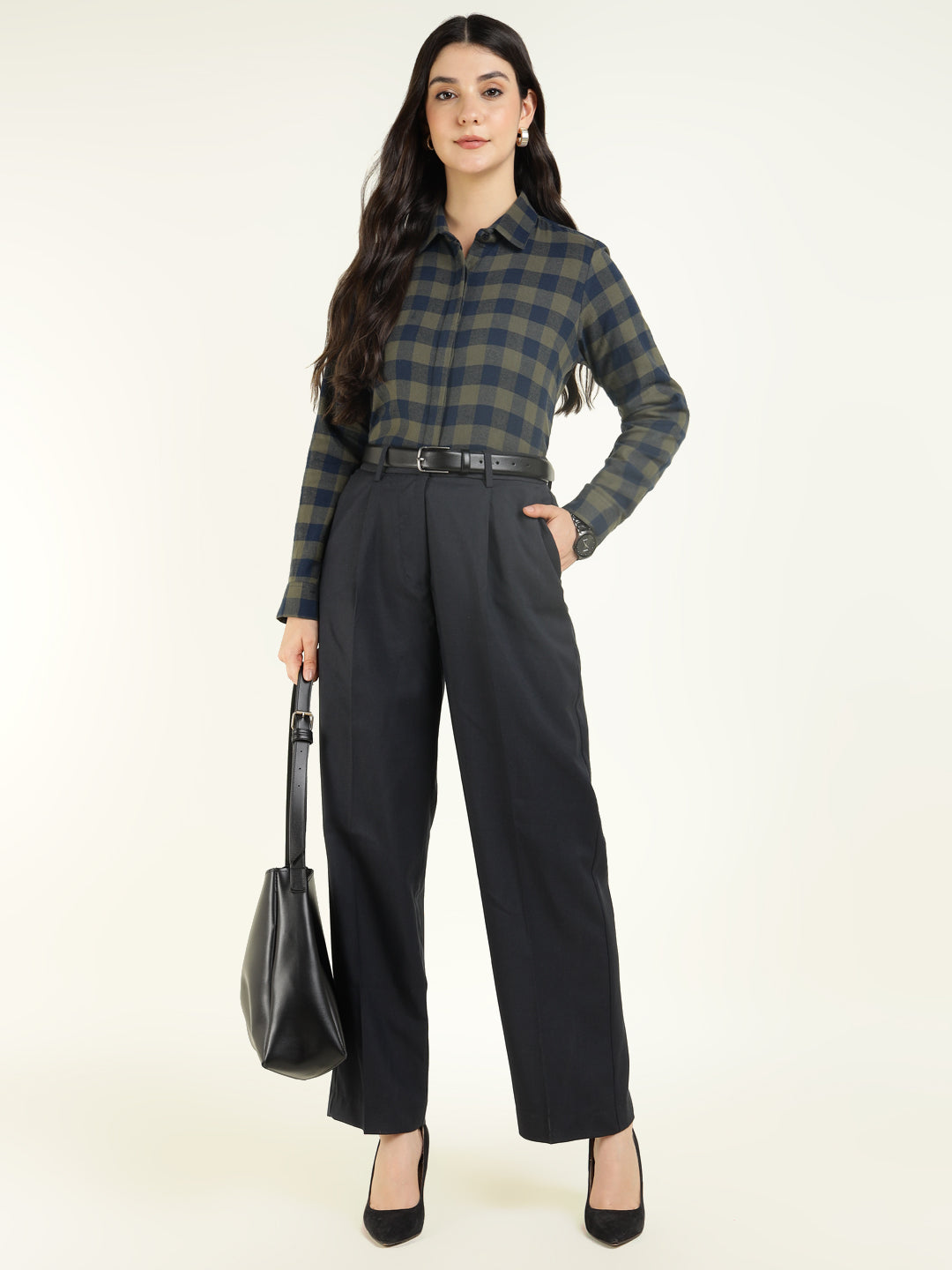 Women Olive & Navy Checked Pure Cotton Regular Fit Formal Shirt