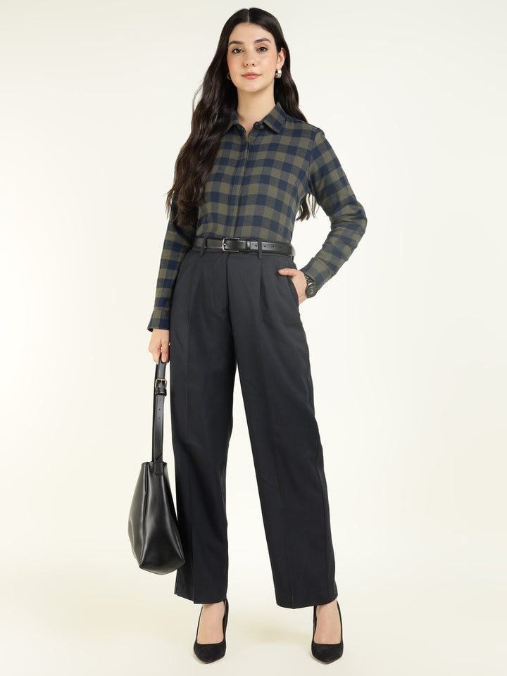 Women Olive & Navy Checked Pure Cotton Regular Fit Formal Shirt