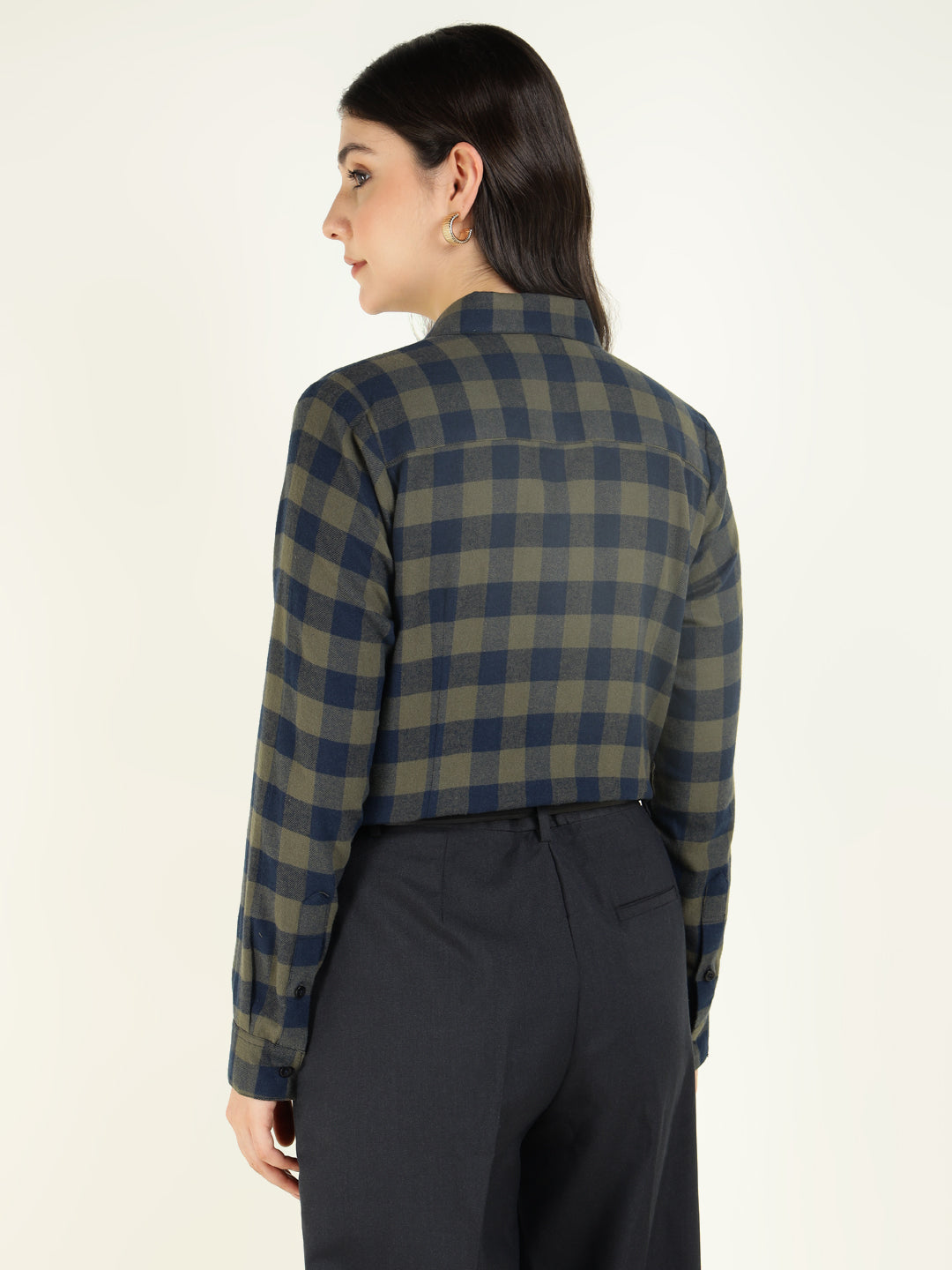 Women Olive & Navy Checked Pure Cotton Regular Fit Formal Shirt