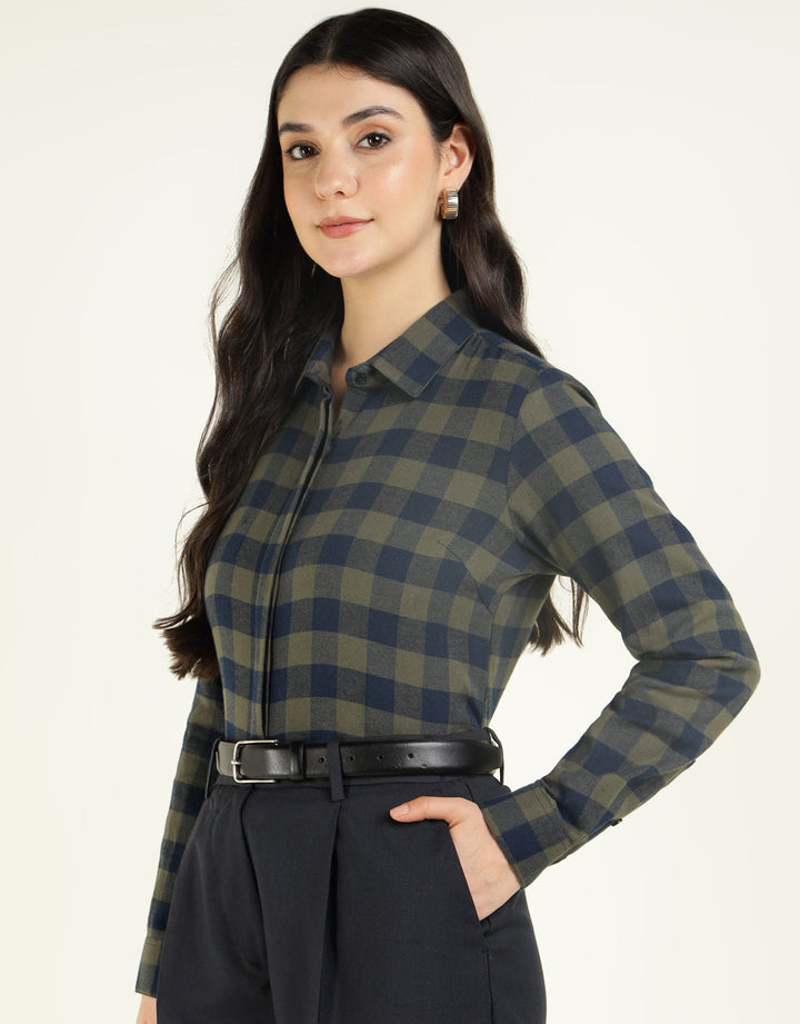 Women Olive & Navy Checked Pure Cotton Regular Fit Formal Shirt