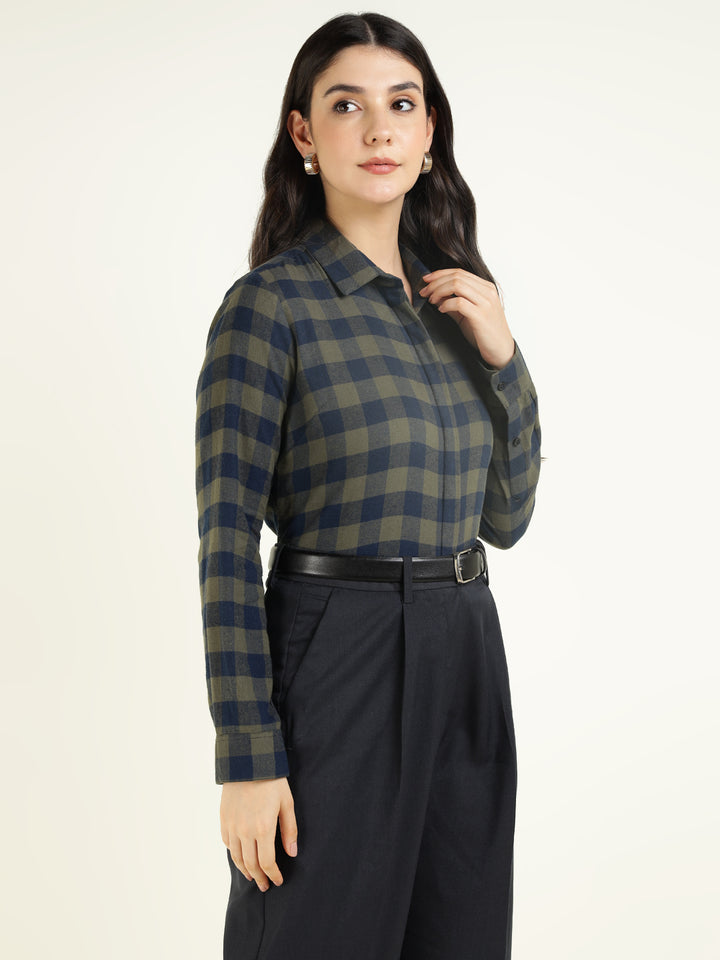 Women Olive & Navy Checked Pure Cotton Regular Fit Formal Shirt