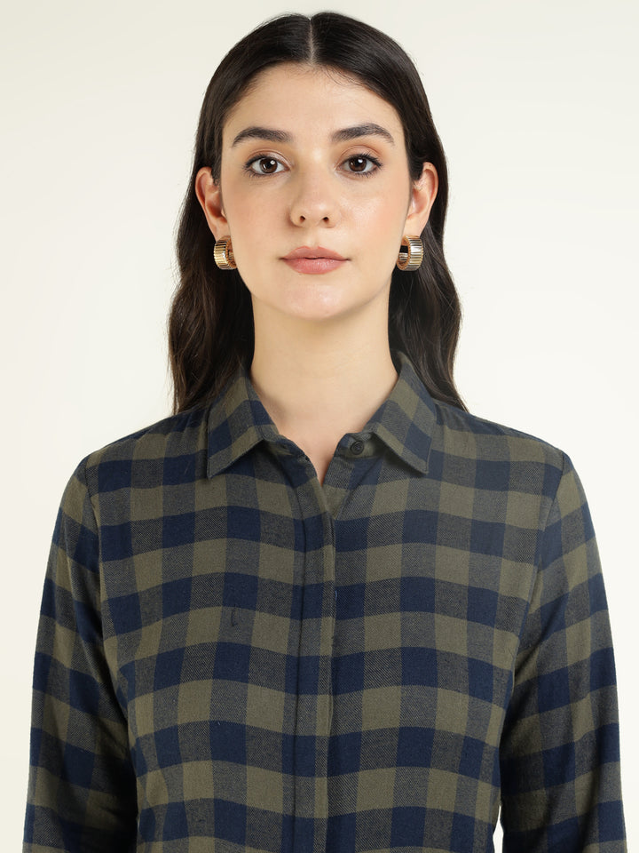 Women Olive & Navy Checked Pure Cotton Regular Fit Formal Shirt