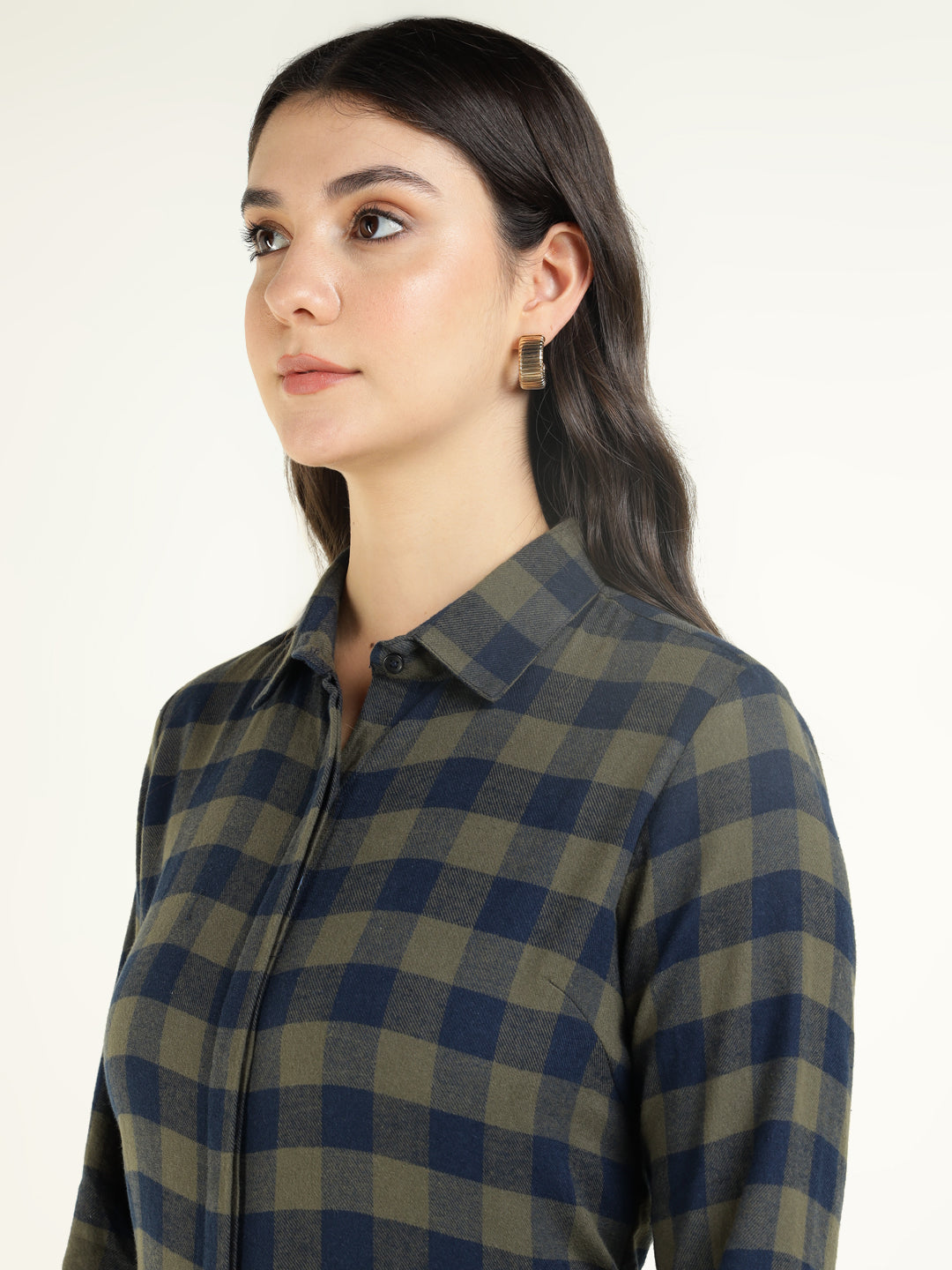 Women Olive & Navy Checked Pure Cotton Regular Fit Formal Shirt