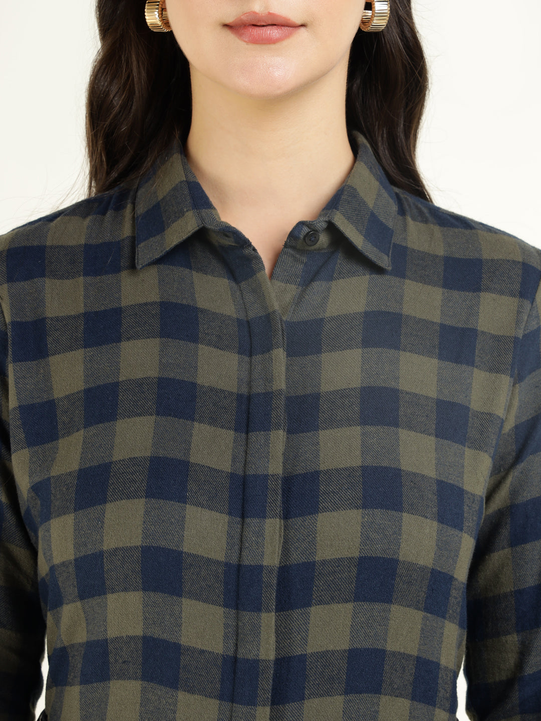 Women Olive & Navy Checked Pure Cotton Regular Fit Formal Shirt