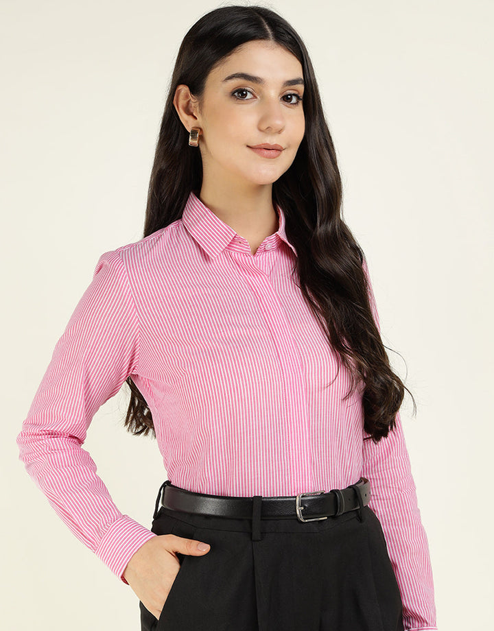 Women Pink & White Striped Pure Cotton Regular Fit Formal Shirt