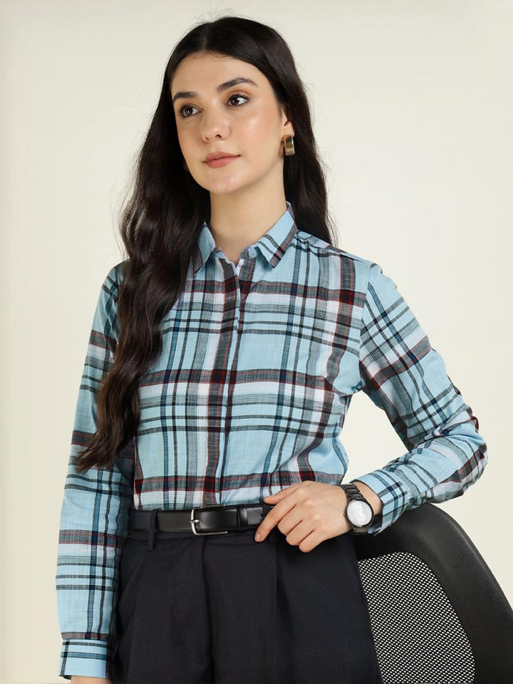 Hancock Women Blue & Red Checked Pure Cotton Slim Fit Formal Shirt