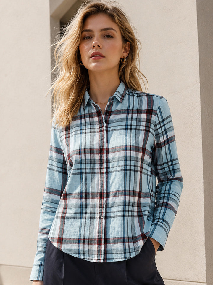 Women Blue & Red Checked Pure Cotton Slim Fit Formal Shirt