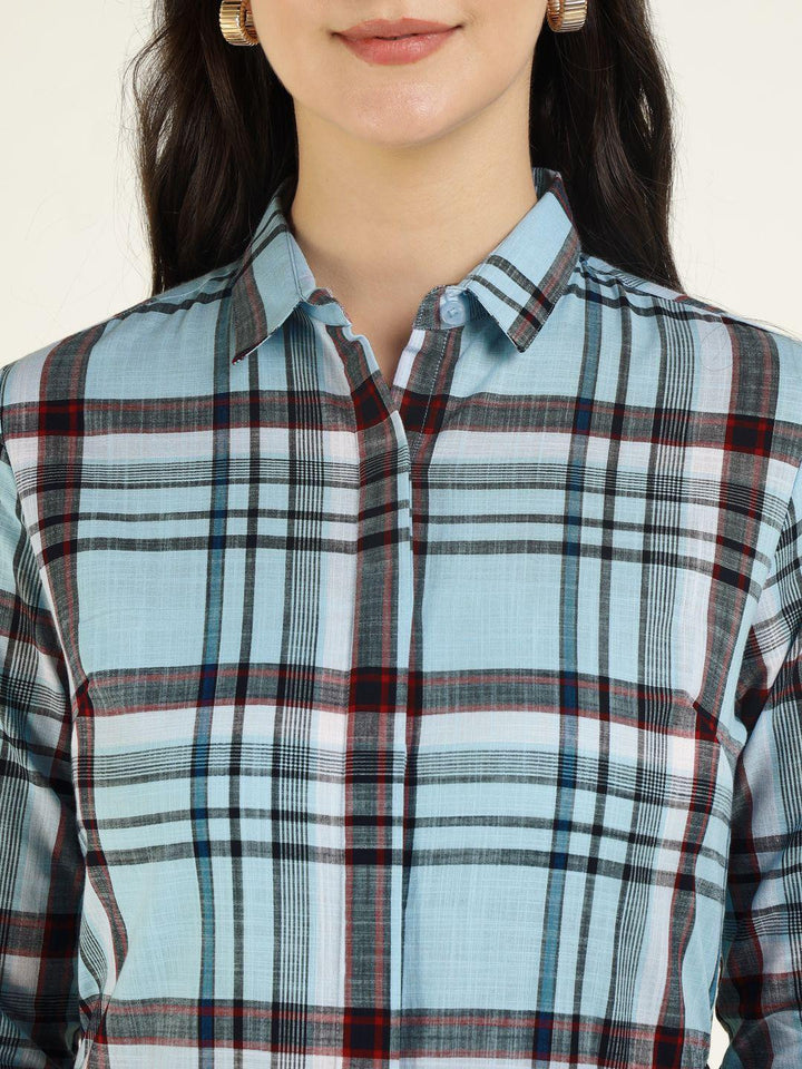 Hancock Women Blue & Red Checked Pure Cotton Slim Fit Formal Shirt