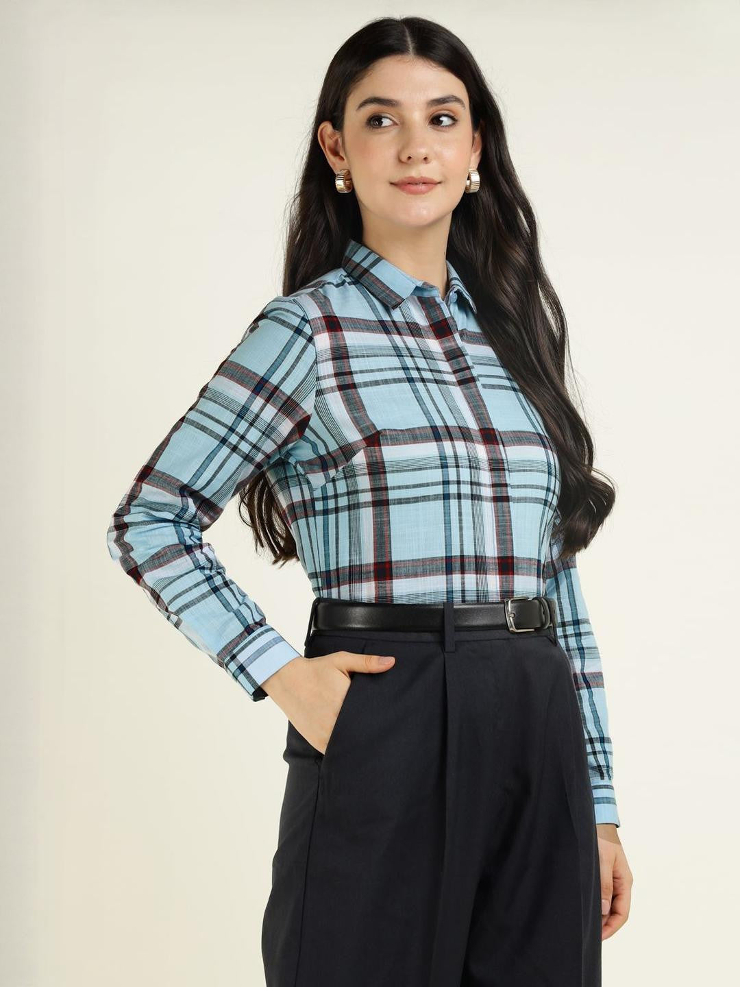 Hancock Women Blue & Red Checked Pure Cotton Slim Fit Formal Shirt