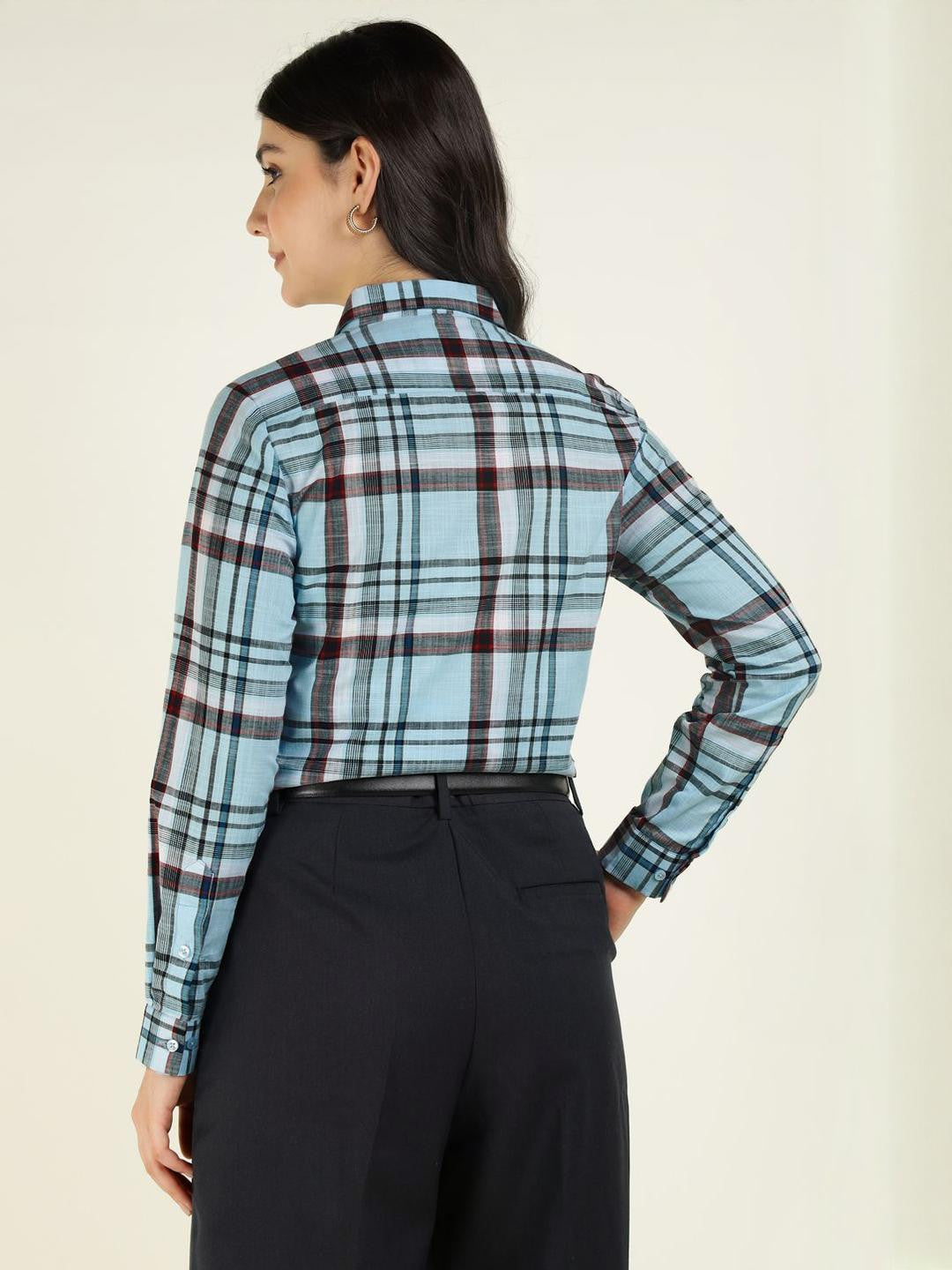 Hancock Women Blue & Red Checked Pure Cotton Slim Fit Formal Shirt