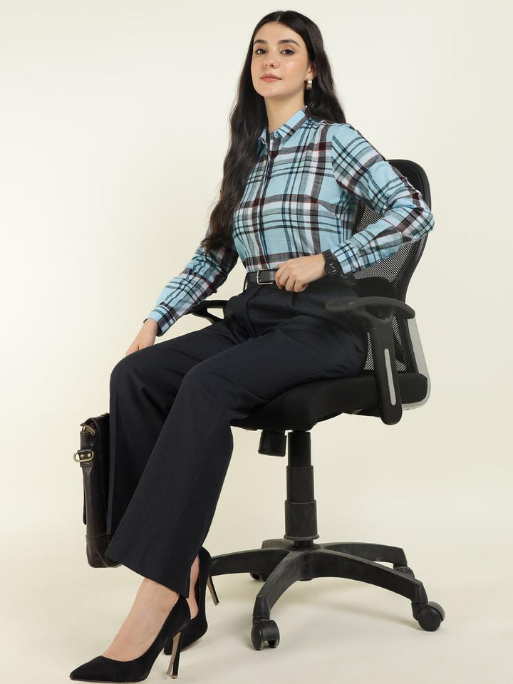 Hancock Women Blue & Red Checked Pure Cotton Slim Fit Formal Shirt