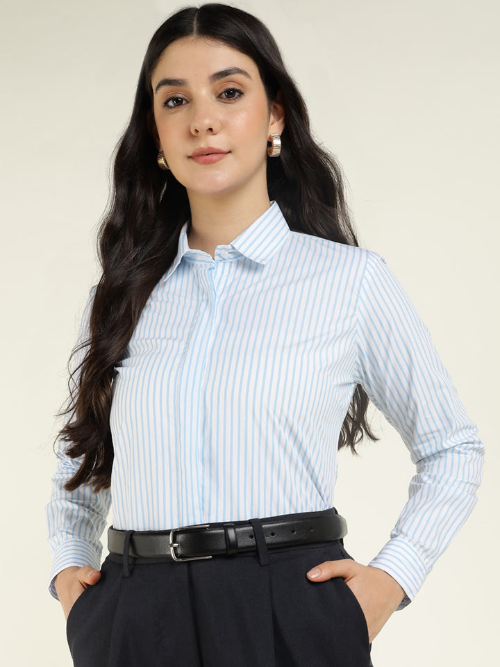 Women White & Blue Striped Pure Cotton Regular Fit Formal Shirt