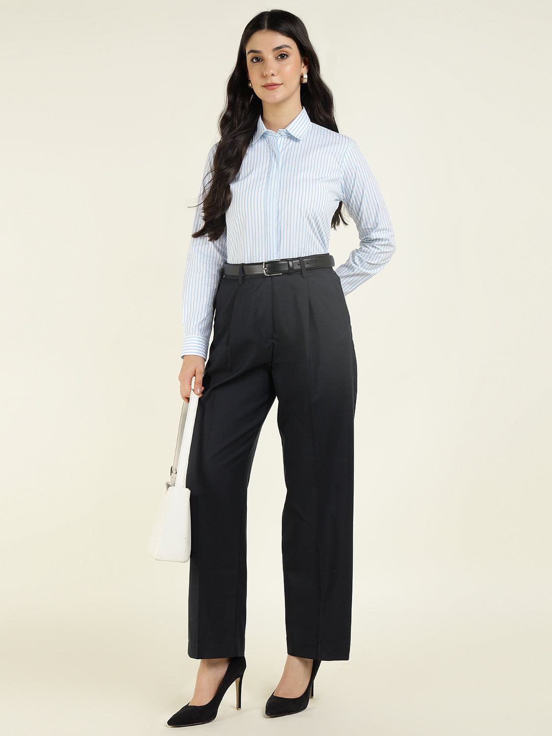 Women White & Blue Striped Pure Cotton Regular Fit Formal Shirt