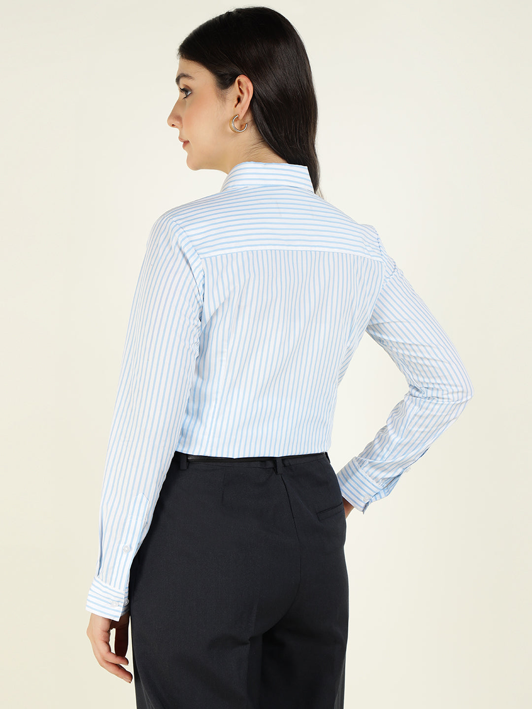 Women White & Blue Striped Pure Cotton Regular Fit Formal Shirt