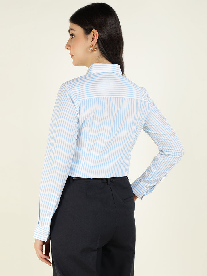 Women White & Blue Striped Pure Cotton Regular Fit Formal Shirt