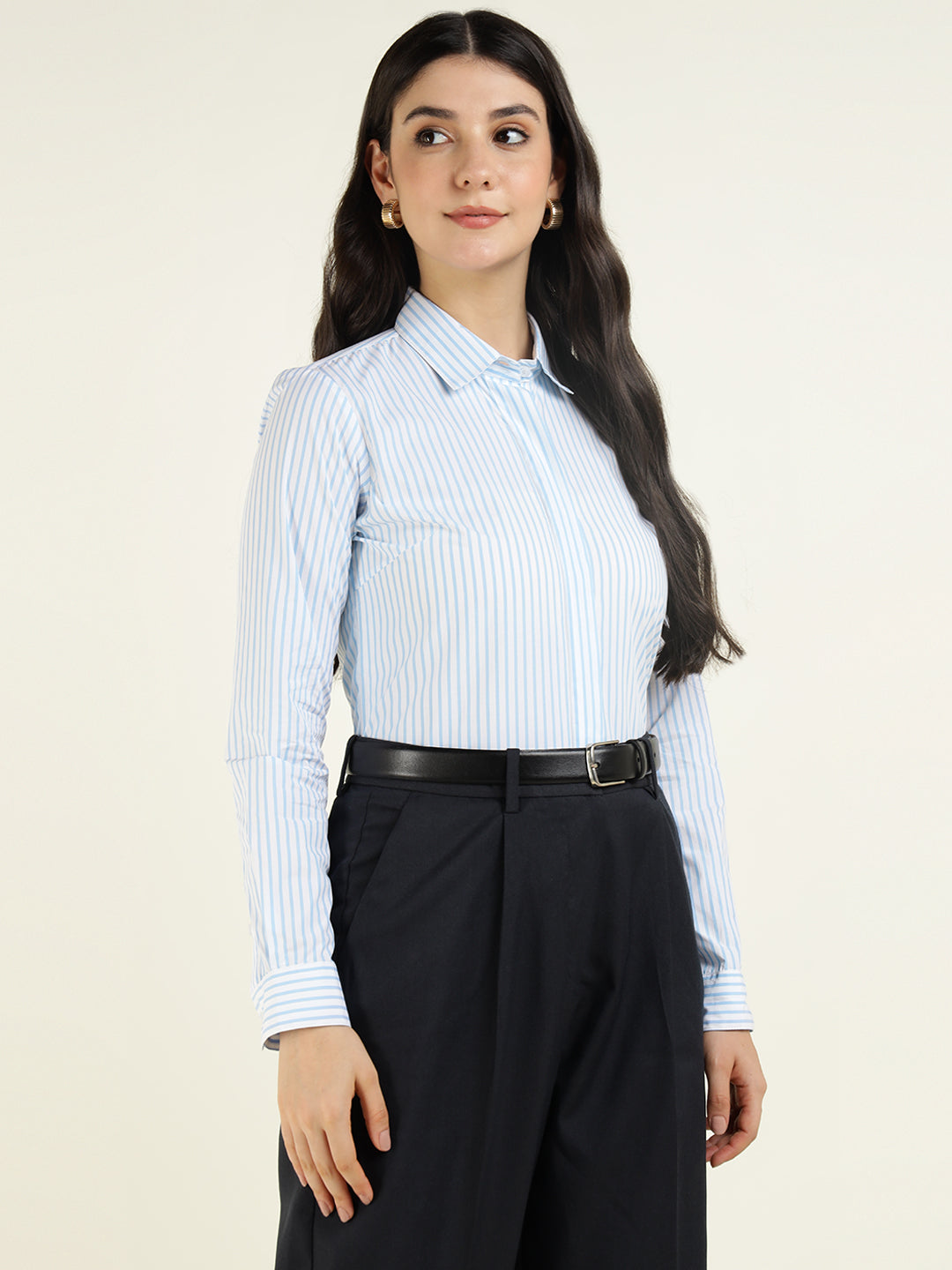 Women White & Blue Striped Pure Cotton Regular Fit Formal Shirt
