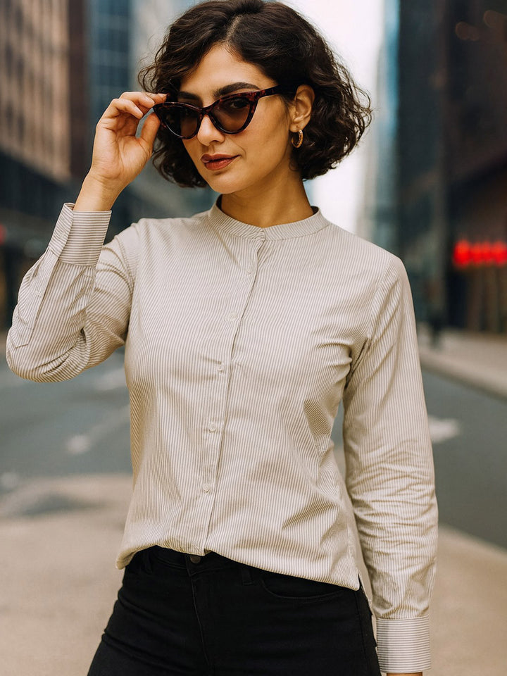 Women White & Black Striped Pure Cotton Relaxed Fit Formal Shirt