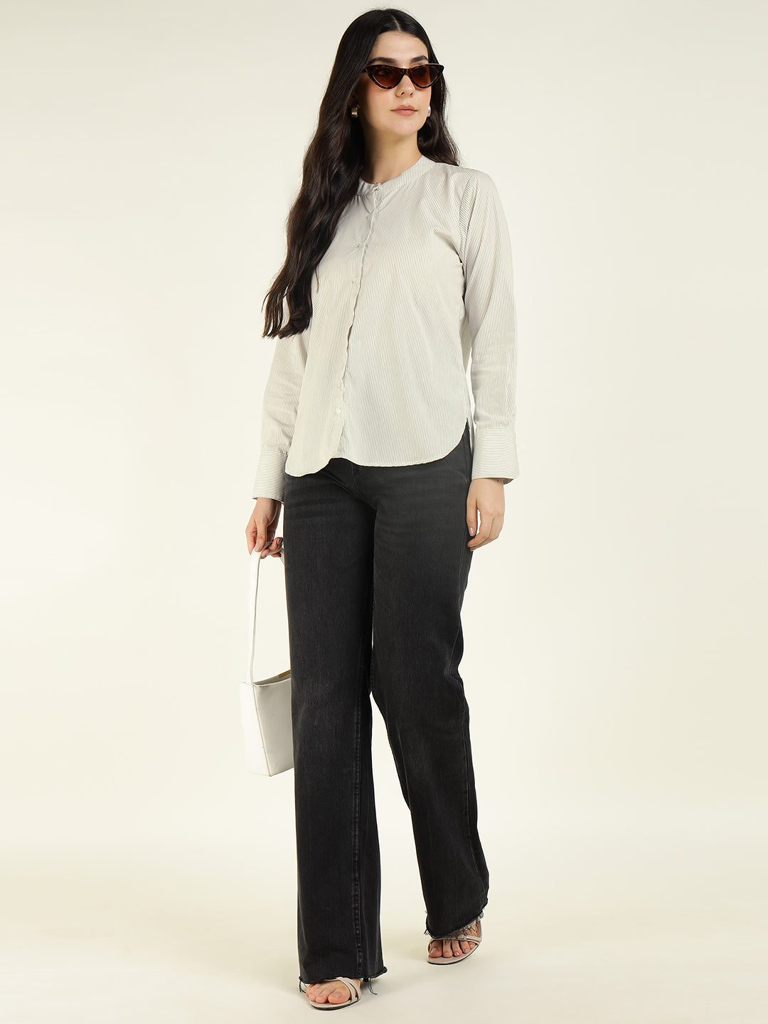 Women White & Black Striped Pure Cotton Relaxed Fit Formal Shirt