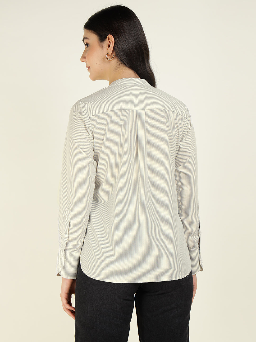 Women White & Black Striped Pure Cotton Relaxed Fit Formal Shirt