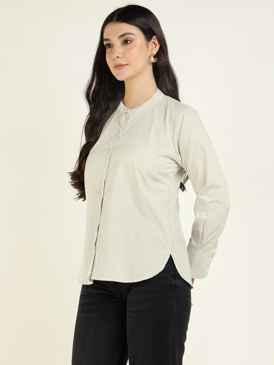 Women White & Black Striped Pure Cotton Relaxed Fit Formal Shirt