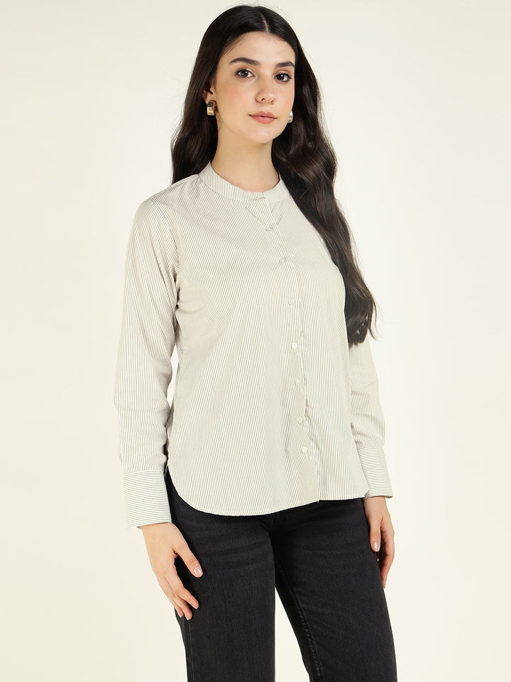 Women White & Black Striped Pure Cotton Relaxed Fit Formal Shirt