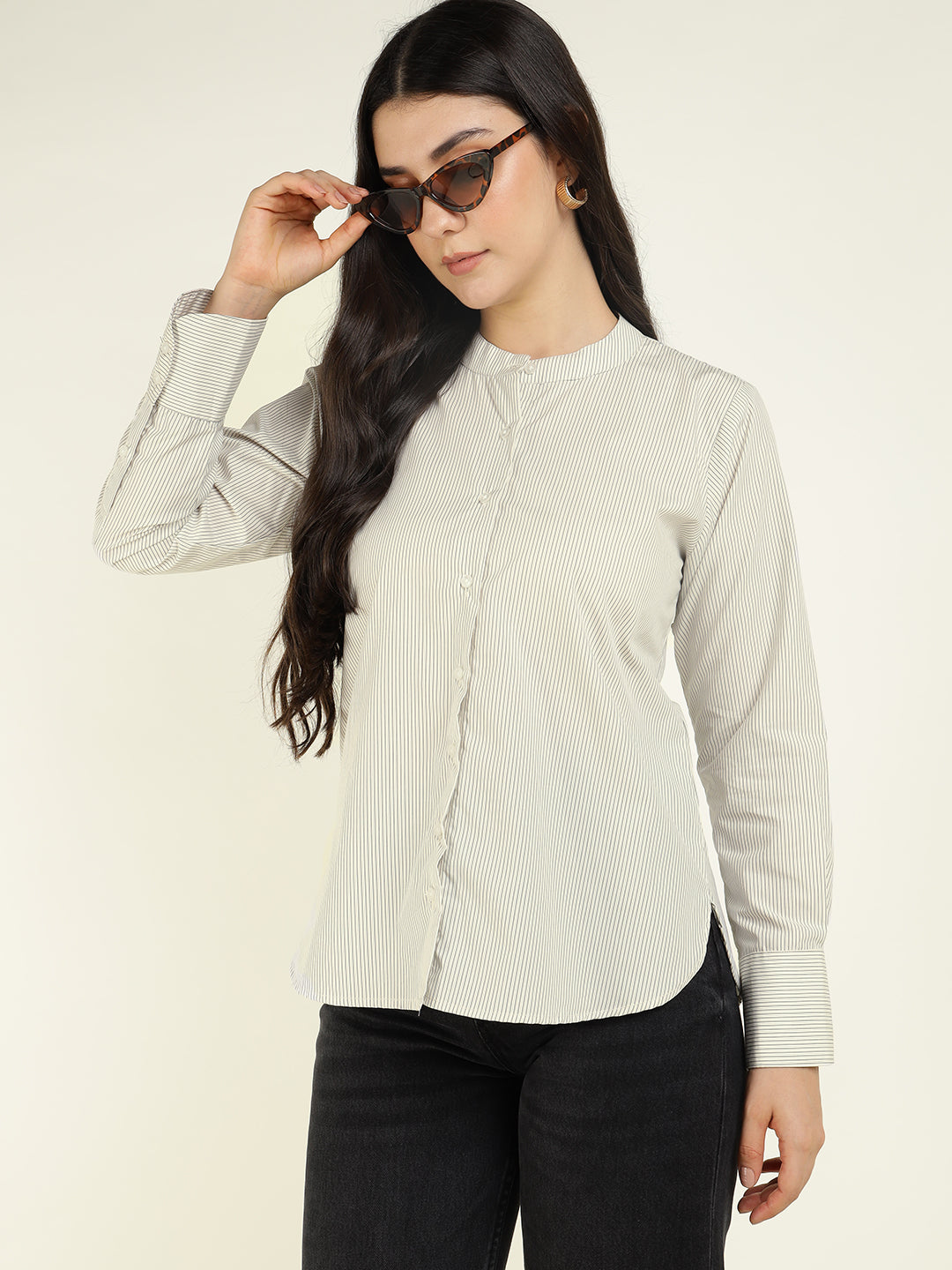 Women White & Black Striped Pure Cotton Relaxed Fit Formal Shirt