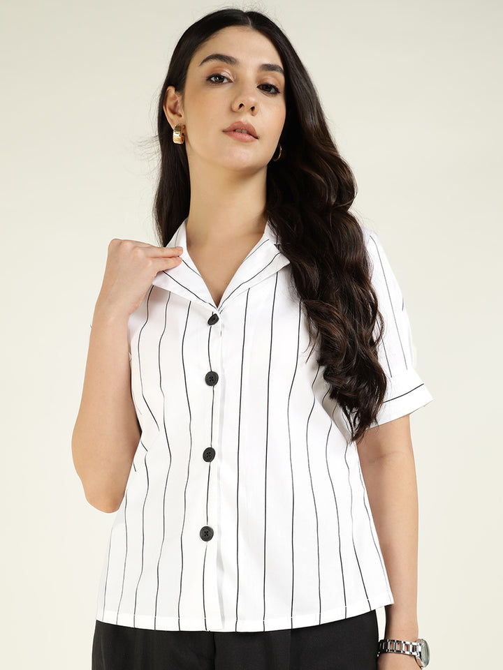 Women White Striped Pure Cotton Relaxed Fit Casual Shirt