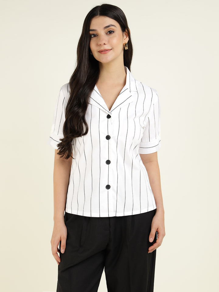 Women White Striped Pure Cotton Relaxed Fit Casual Shirt