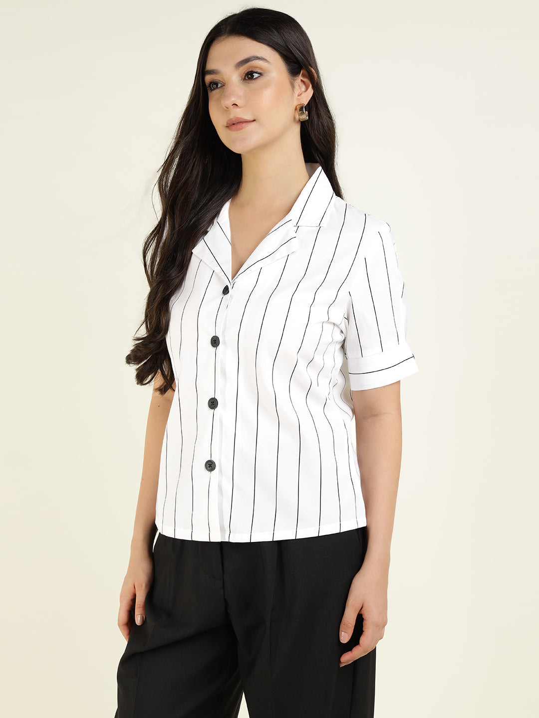Women White Striped Pure Cotton Relaxed Fit Casual Shirt