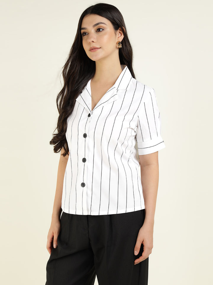 Women White Striped Pure Cotton Relaxed Fit Casual Shirt