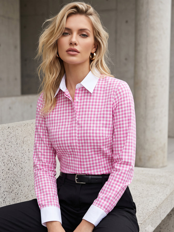 Women White & Pink Checked Pure Cotton Regular Fit Formal Shirt