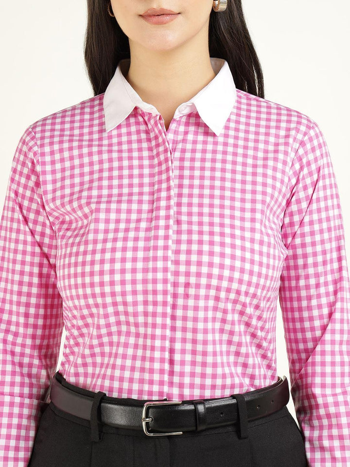 Hancock Women White & Pink Checked Pure Cotton Regular Fit Formal Shirt