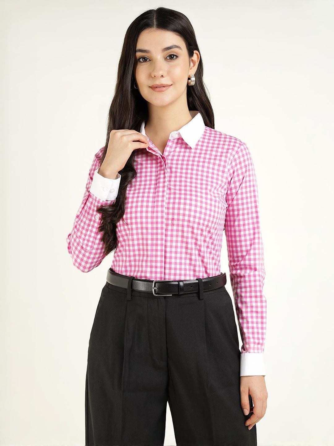 Hancock Women White & Pink Checked Pure Cotton Regular Fit Formal Shirt