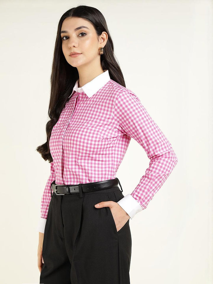 Hancock Women White & Pink Checked Pure Cotton Regular Fit Formal Shirt