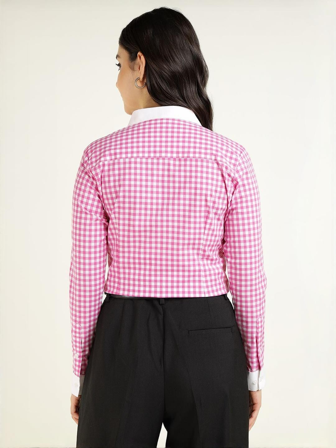 Hancock Women White & Pink Checked Pure Cotton Regular Fit Formal Shirt