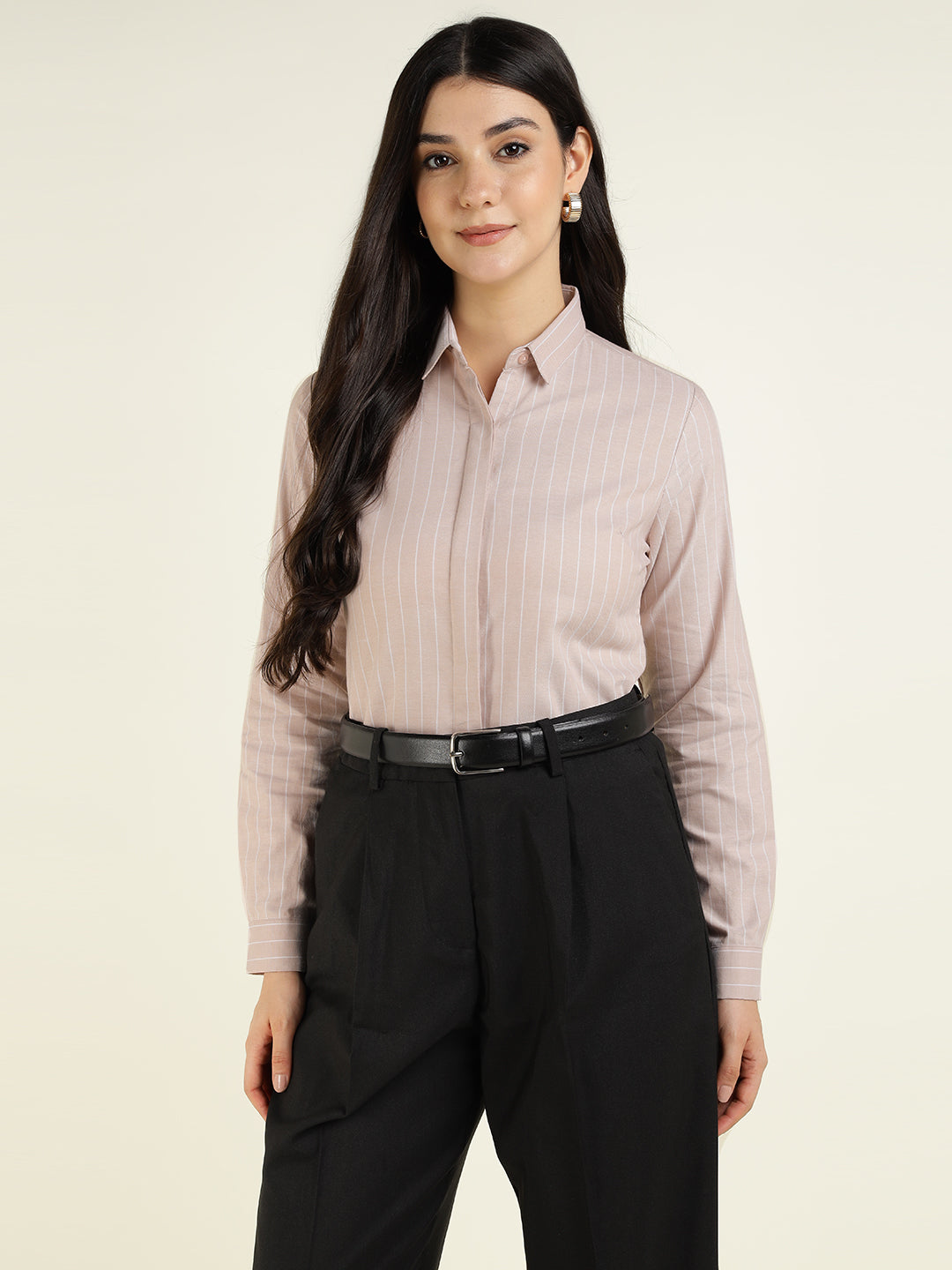 Women Beige Striped Pure Cotton Slim Fit Formal Shirt