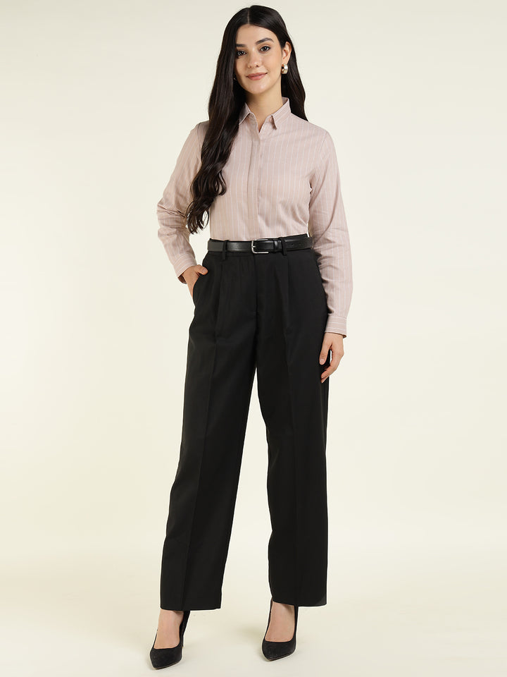 Women Beige Striped Pure Cotton Slim Fit Formal Shirt
