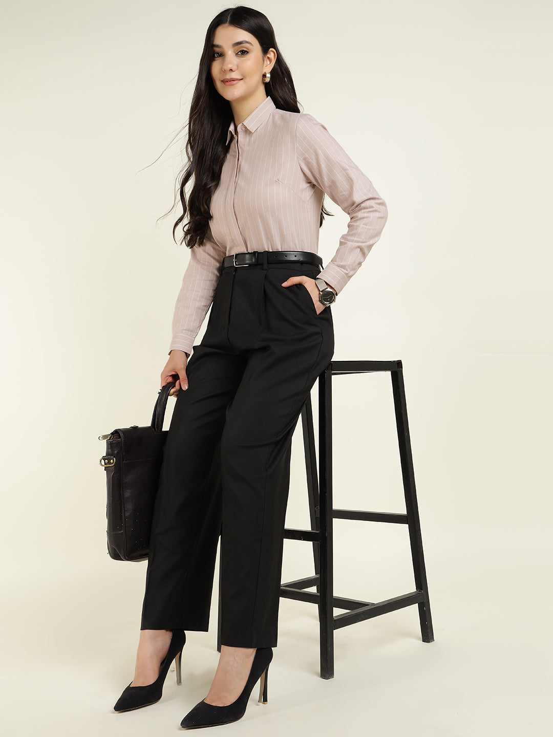 Women Beige Striped Pure Cotton Slim Fit Formal Shirt