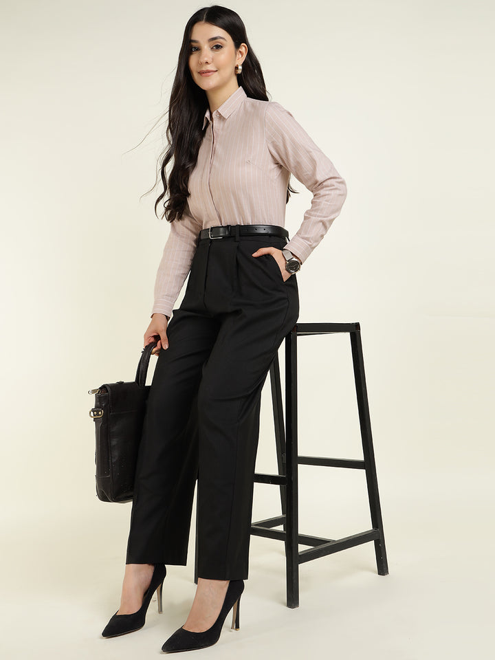 Women Beige Striped Pure Cotton Slim Fit Formal Shirt