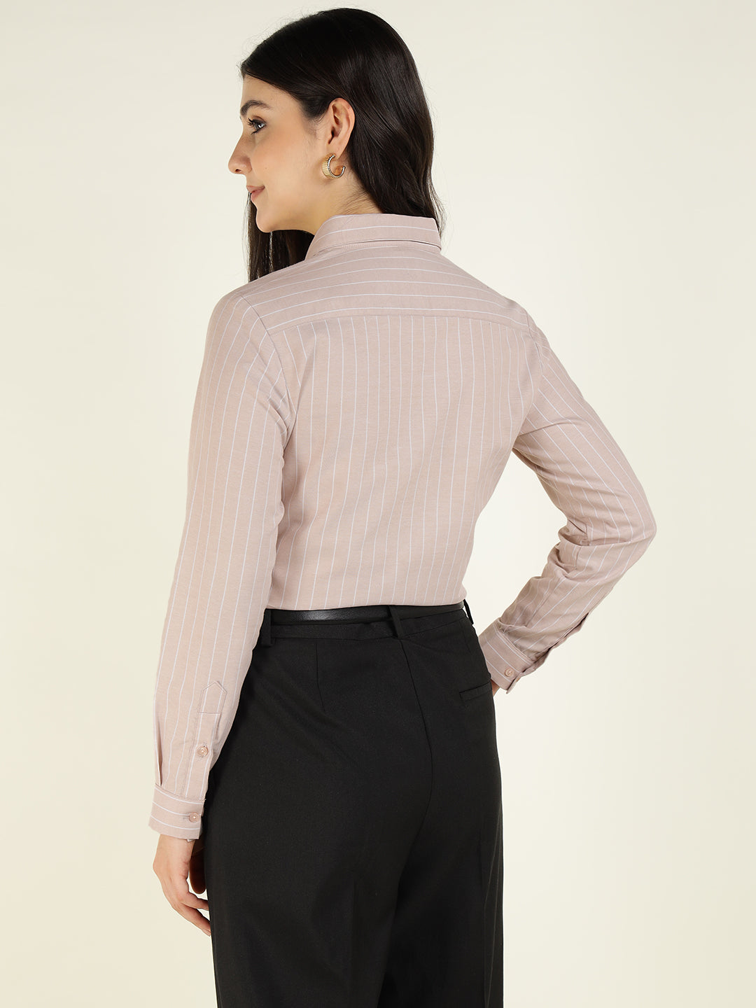 Women Beige Striped Pure Cotton Slim Fit Formal Shirt
