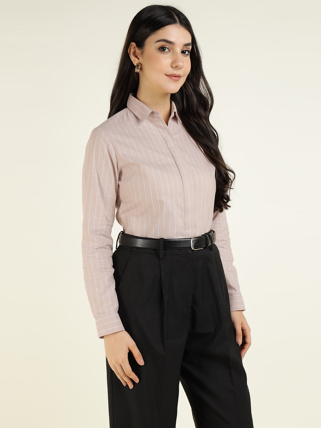 Women Beige Striped Pure Cotton Slim Fit Formal Shirt