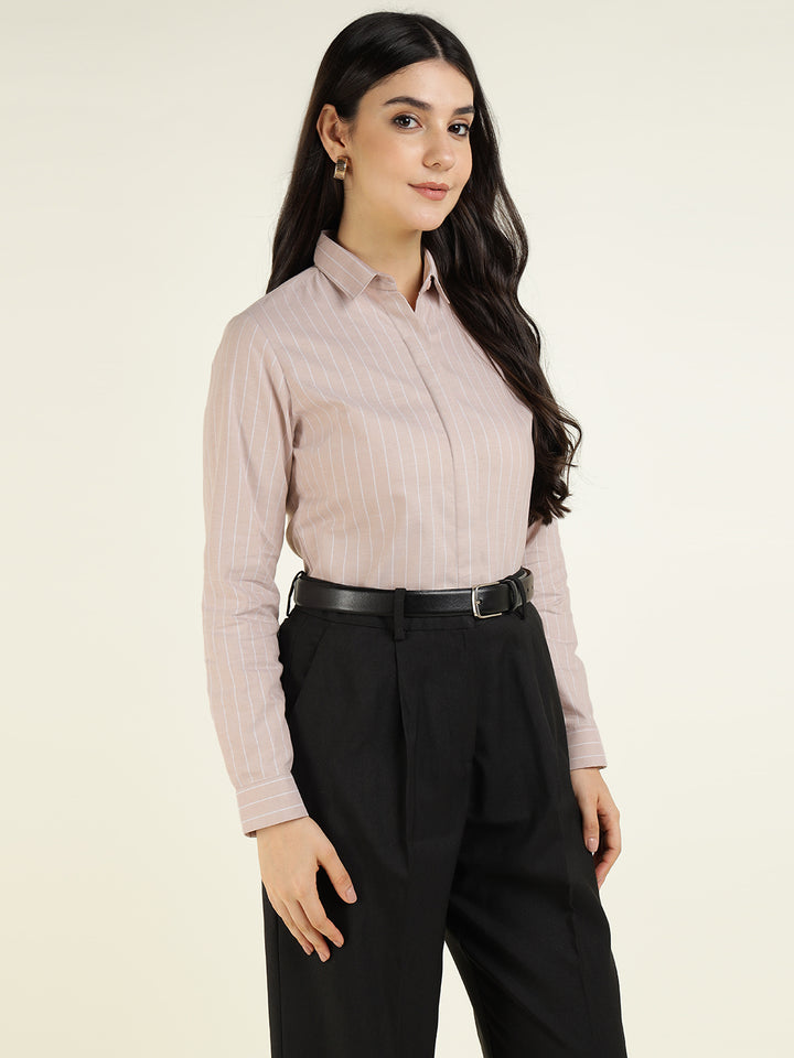 Women Beige Striped Pure Cotton Slim Fit Formal Shirt