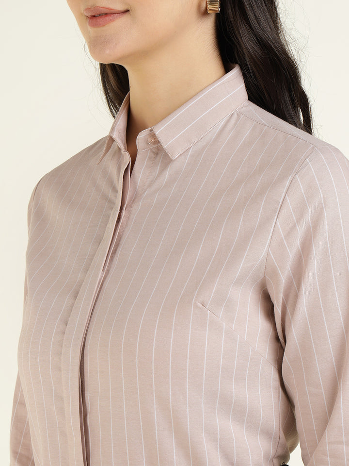 Women Beige Striped Pure Cotton Slim Fit Formal Shirt