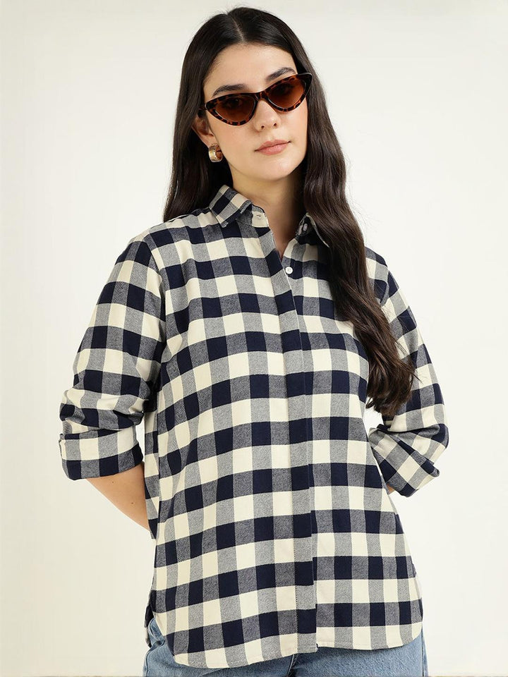 Women Cream & Navy Checked Pure Cotton Relaxed Fit Formal Shirt