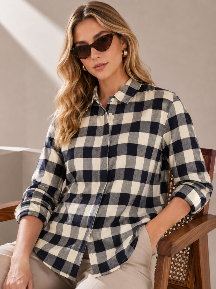 Women Cream & Navy Checked Pure Cotton Relaxed Fit Formal Shirt