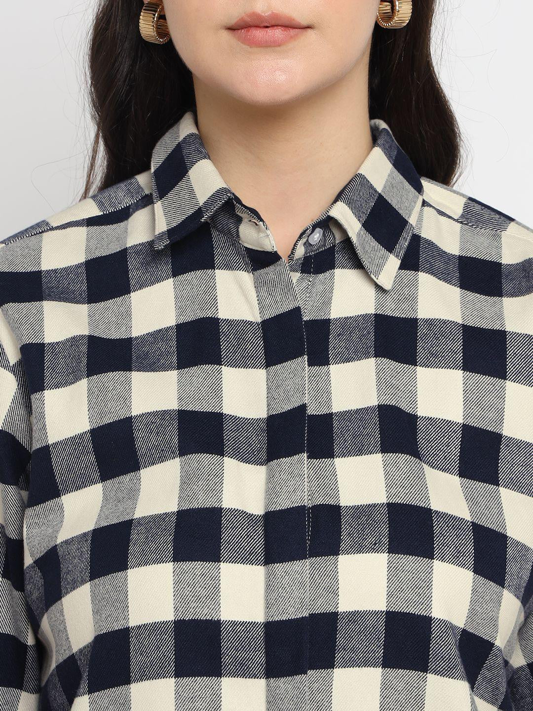 Women Cream & Navy Checked Pure Cotton Relaxed Fit Formal Shirt