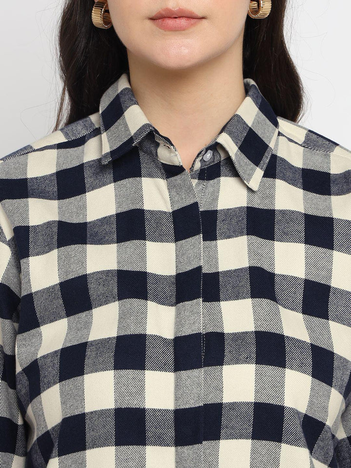 Women Cream & Navy Checked Pure Cotton Relaxed Fit Formal Shirt