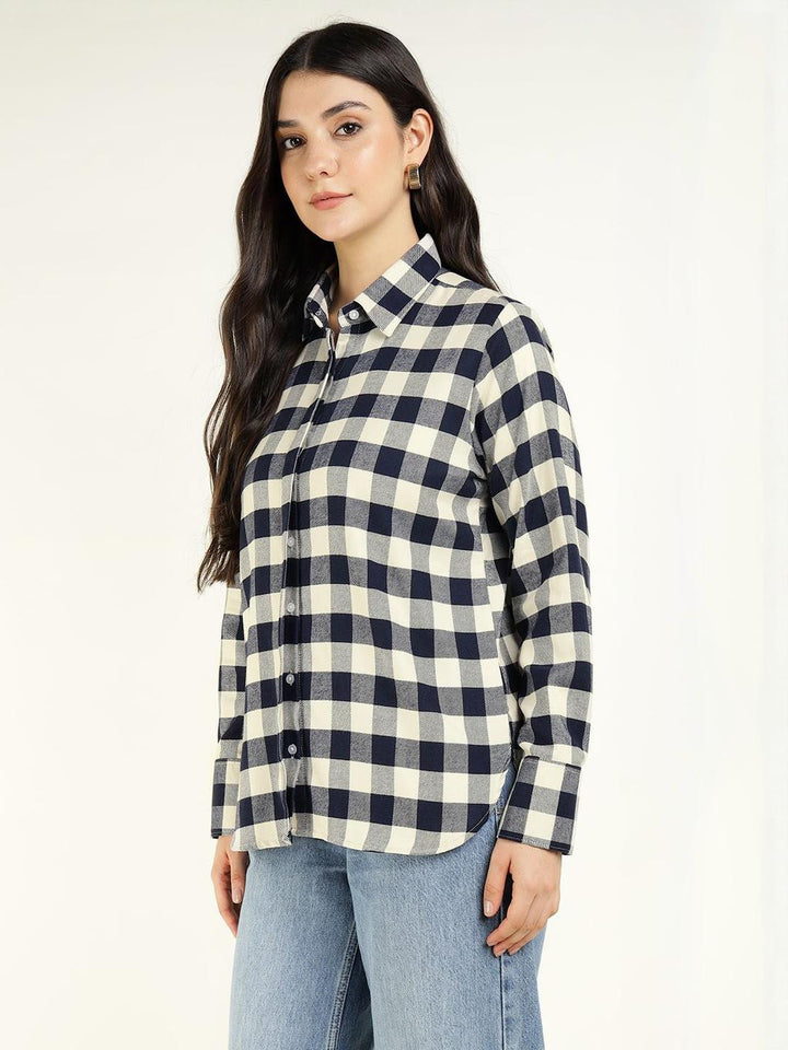 Women Cream & Navy Checked Pure Cotton Relaxed Fit Formal Shirt