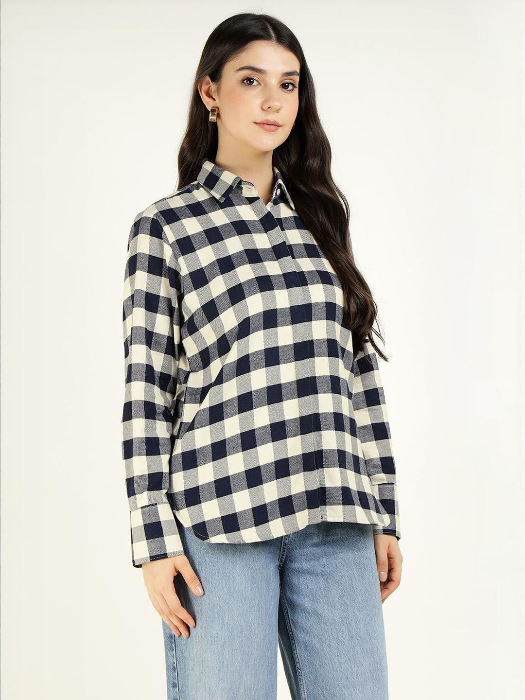Women Cream & Navy Checked Pure Cotton Relaxed Fit Formal Shirt