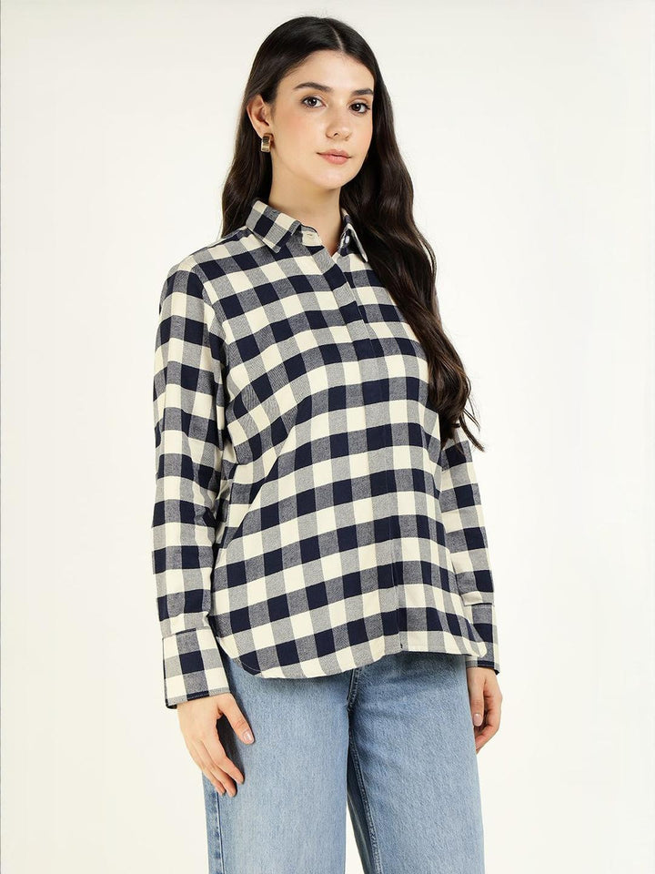Women Cream & Navy Checked Pure Cotton Relaxed Fit Formal Shirt